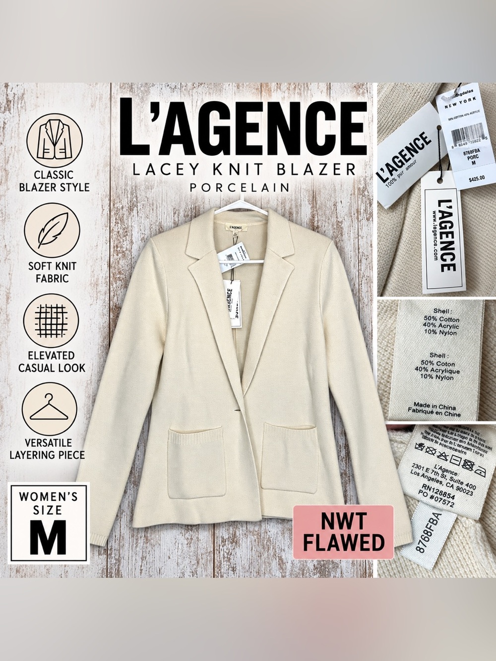 L’AGENCE Lacey Knit Blazer Porcelain Women’s Size M NWT Flawed